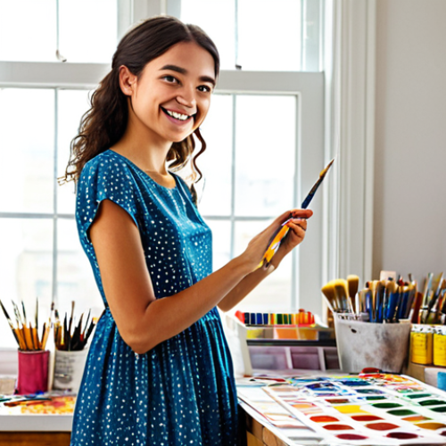Home 25 Colorful Paper World**
A young woman artist, fully clothed in a modest, colorful bohemian dress, stands in a bright studio surrounded by stacks of vibrant colored paper. She is holding a paintbrush and smiling gently. Background includes paint palettes, art supplies, and natural light streaming through a window. Perfect anatomy, correct proportions, well-formed hands, natural pose, safe for work, appropriate content, fully clothed, family-friendly, professional studio photography, high quality.
**
