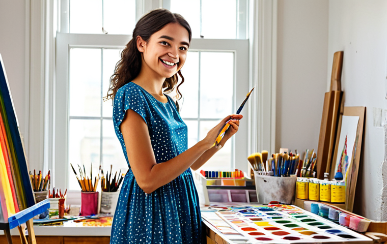 Colorful Paper World**

A young woman artist, fully clothed in a modest, colorful bohemian dress, stands in a bright studio surrounded by stacks of vibrant colored paper. She is holding a paintbrush and smiling gently. Background includes paint palettes, art supplies, and natural light streaming through a window. Perfect anatomy, correct proportions, well-formed hands, natural pose, safe for work, appropriate content, fully clothed, family-friendly, professional studio photography, high quality.

**