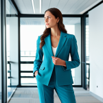 종이와 디지털 아트 결합 - A professional female architect, fully clothed in a modest business casual outfit (pantsuit), standi...