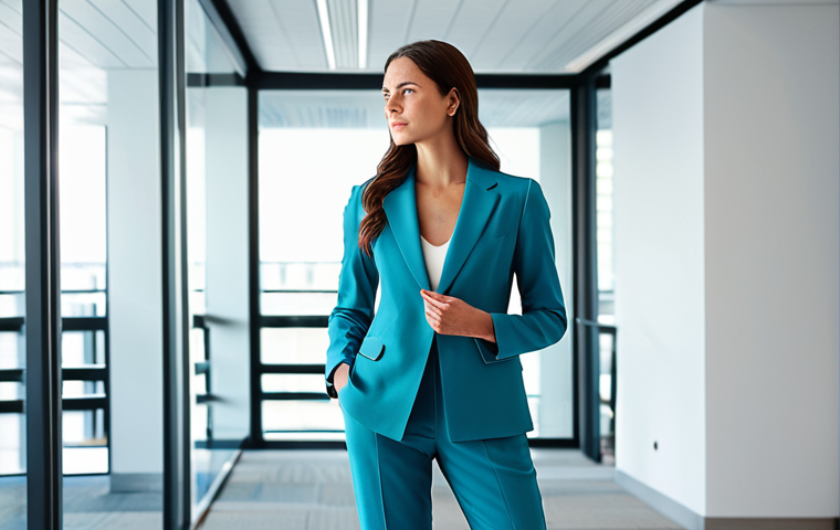 종이와 디지털 아트 결합 - A professional female architect, fully clothed in a modest business casual outfit (pantsuit), standi...