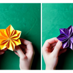 종이 공예 창작 팁 - **Origami Flower Creation**: "A pair of hands carefully folding colorful paper into an origami flowe...