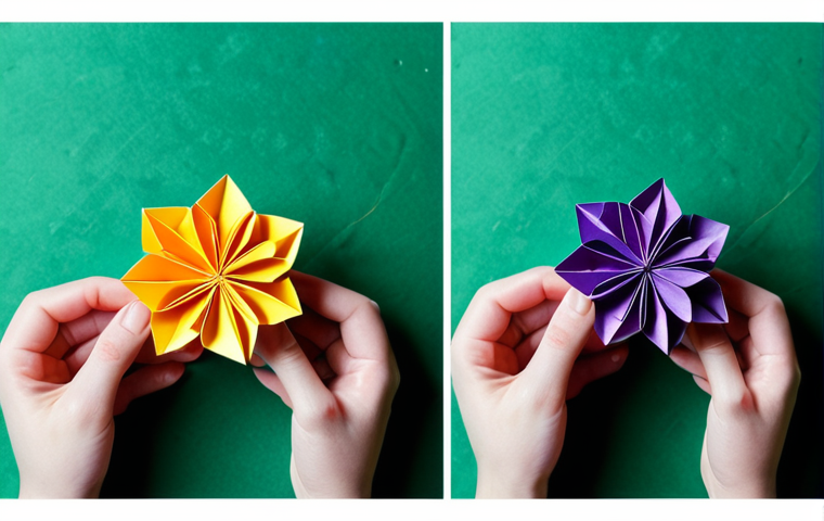 종이 공예 창작 팁 - **Origami Flower Creation**: "A pair of hands carefully folding colorful paper into an origami flowe...