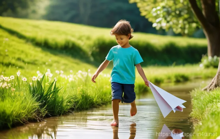 종이로 만든 게임 소품 - Childhood Paper Play Outdoors**
"A vibrant and joyful scene featuring three children, aged approxima...