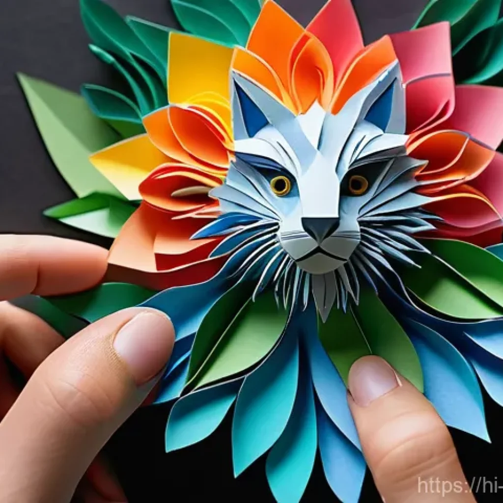 종이 아트 전시회 - **Prompt:** A close-up, highly detailed shot of skilled hands meticulously crafting an intricate pap...