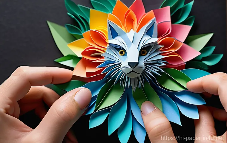 종이 아트 전시회 - **Prompt:** A close-up, highly detailed shot of skilled hands meticulously crafting an intricate pap...