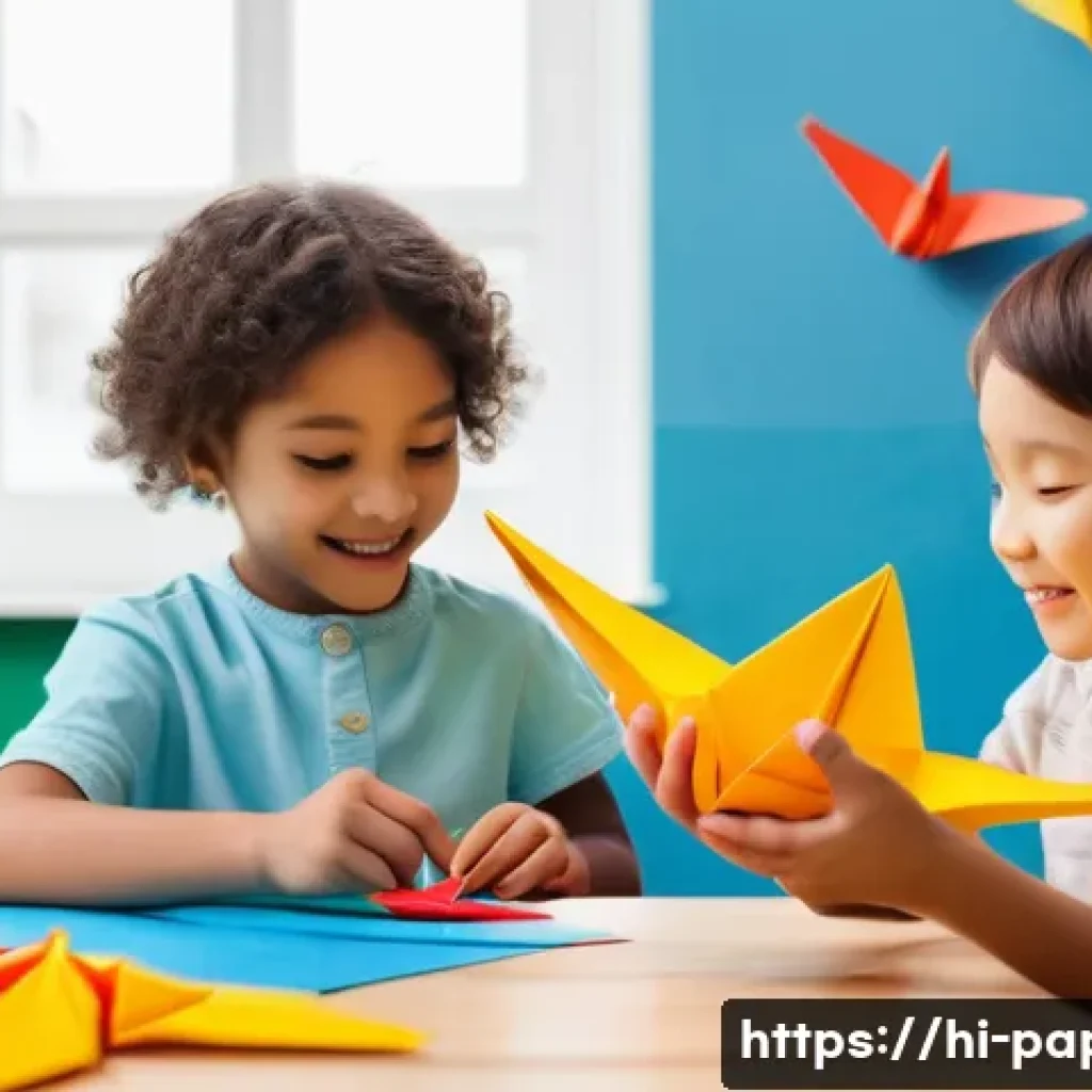 종이공예 창작 과정 - **Prompt for Origami with Children:**
    "A vibrant, cheerful scene depicting a group of diverse ch...