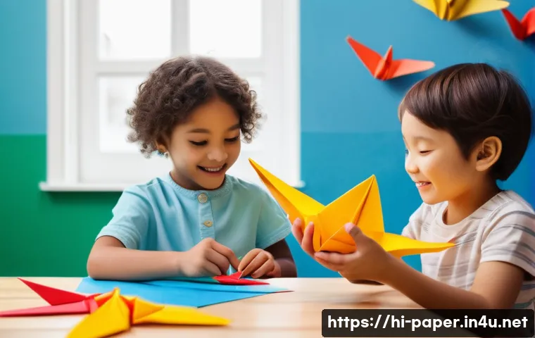 종이공예 창작 과정 - **Prompt for Origami with Children:**
    "A vibrant, cheerful scene depicting a group of diverse ch...