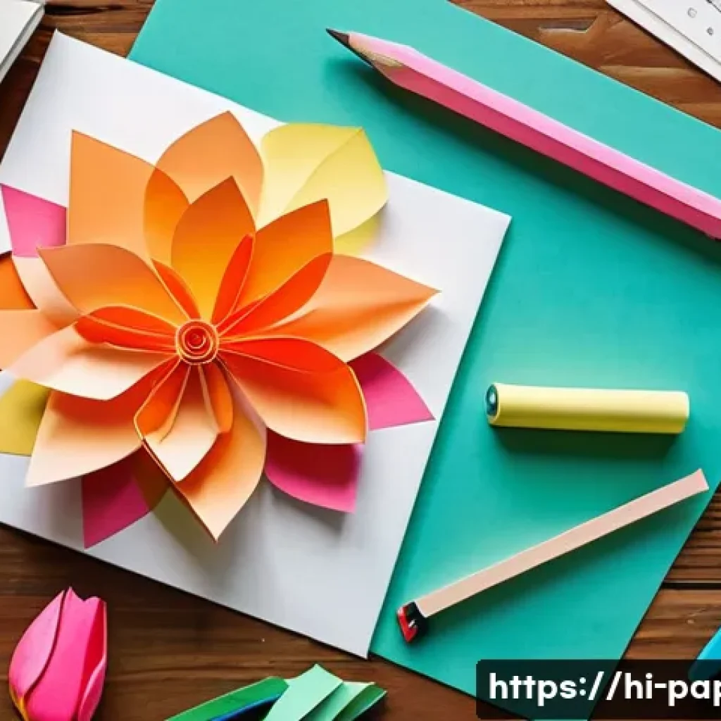 종이공예 온라인 클래스 개설 - A vibrant and detailed paper craft workspace featuring colorful craft papers, sharp scissors, glue s...