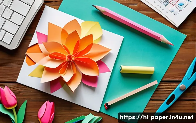 종이공예 온라인 클래스 개설 - A vibrant and detailed paper craft workspace featuring colorful craft papers, sharp scissors, glue s...