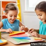 종이공예로 아이들 놀잇감 만들기 - A colorful scene of children aged 4 to 8 happily crafting simple paper toys indoors, including paper...