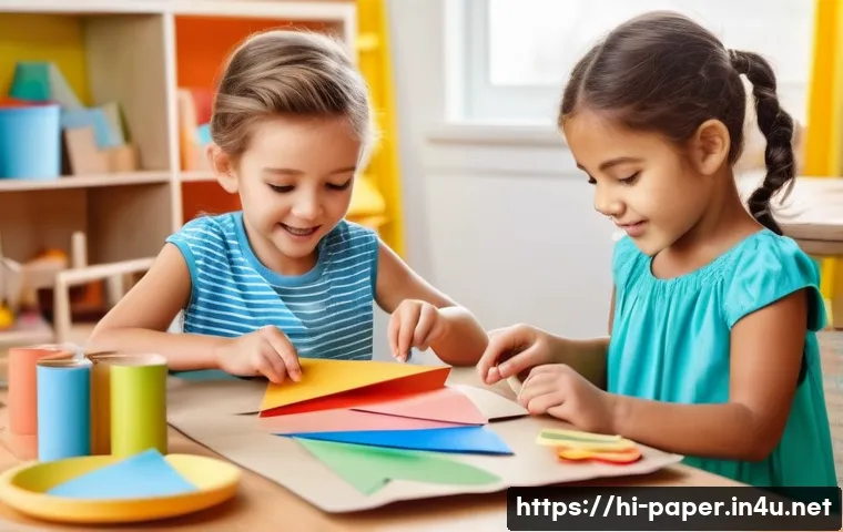 종이공예로 아이들 놀잇감 만들기 - A colorful scene of children aged 4 to 8 happily crafting simple paper toys indoors, including paper...