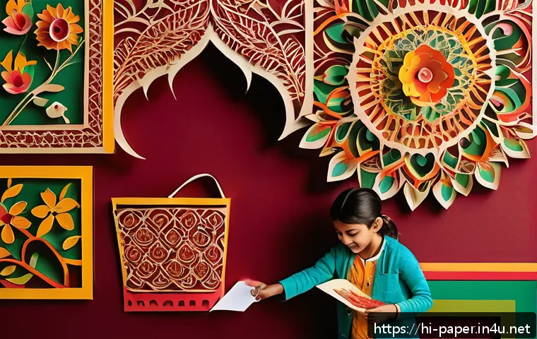 종이벽화 그리기 - A vibrant wall decorated with colorful paper cutting art featuring intricate floral and geometric sh...