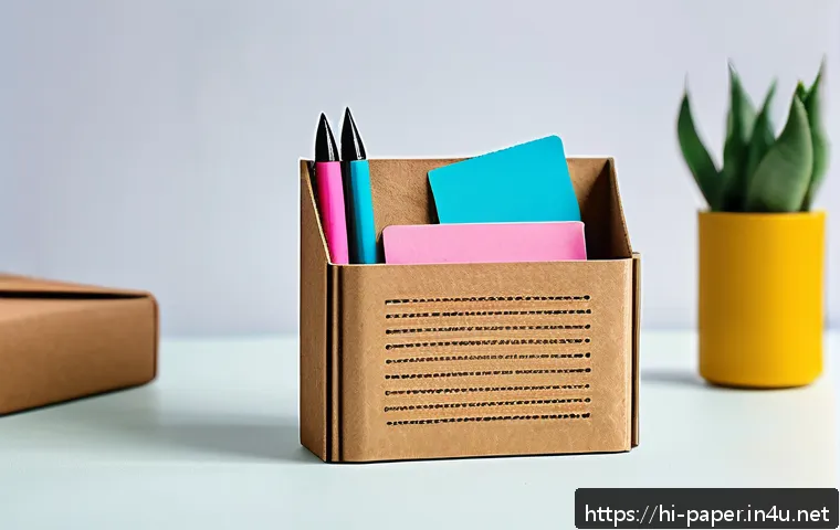 종이로 만든 카드 보관함 - A stylish, eco-friendly paper card holder on a neat office desk, made from kraft paper and cardboard...