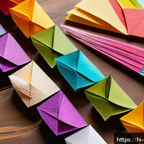 종이공예 기법 유형 - A vibrant scene showcasing a diverse collection of colorful paper sheets spread out on a wooden tabl...