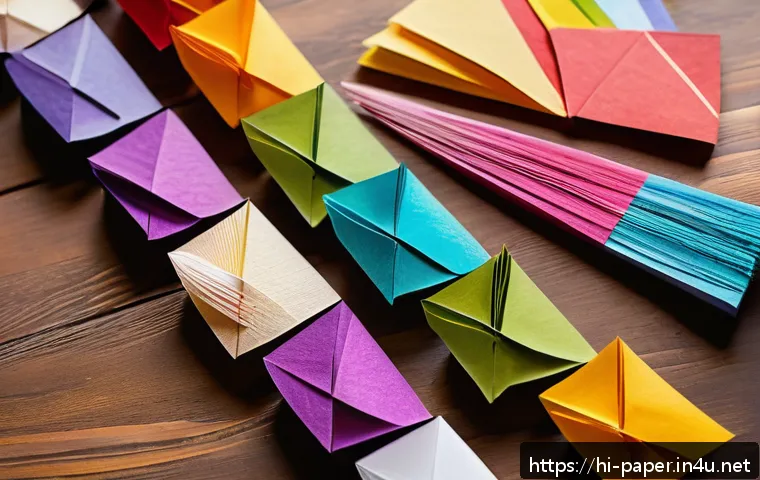 종이공예 기법 유형 - A vibrant scene showcasing a diverse collection of colorful paper sheets spread out on a wooden tabl...