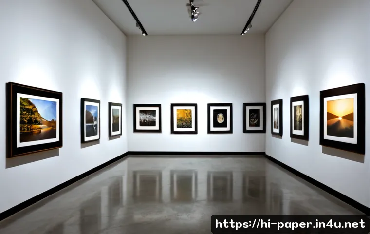 Home 17 종이 아트 작품 전시 방법 - Photorealistic contemporary art gallery displaying intricate layered paper art in deep shadow-box fr...