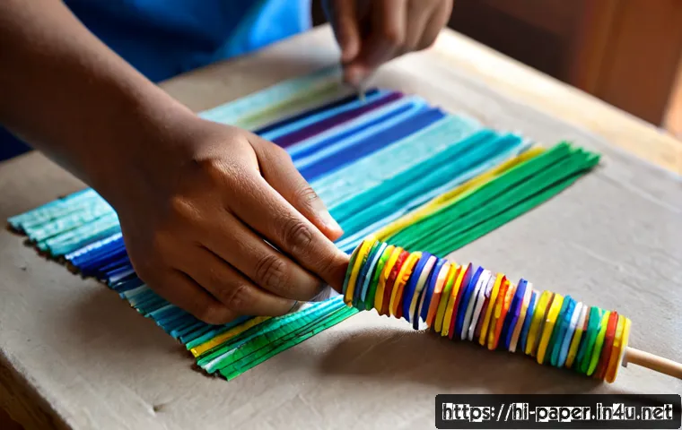 Home 17 종이 비즈 만들기 - Photorealistic close-up of Indian adult hands making colorful paper beads, carefully rolling narrow ...