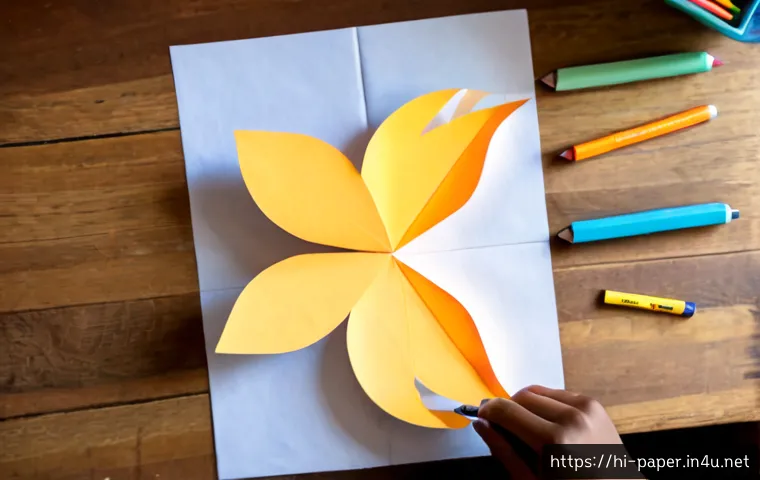 종이공예 색칠하기 - Photorealistic overhead view of a neat paper craft coloring activity on a sunlit wooden table, uncol...